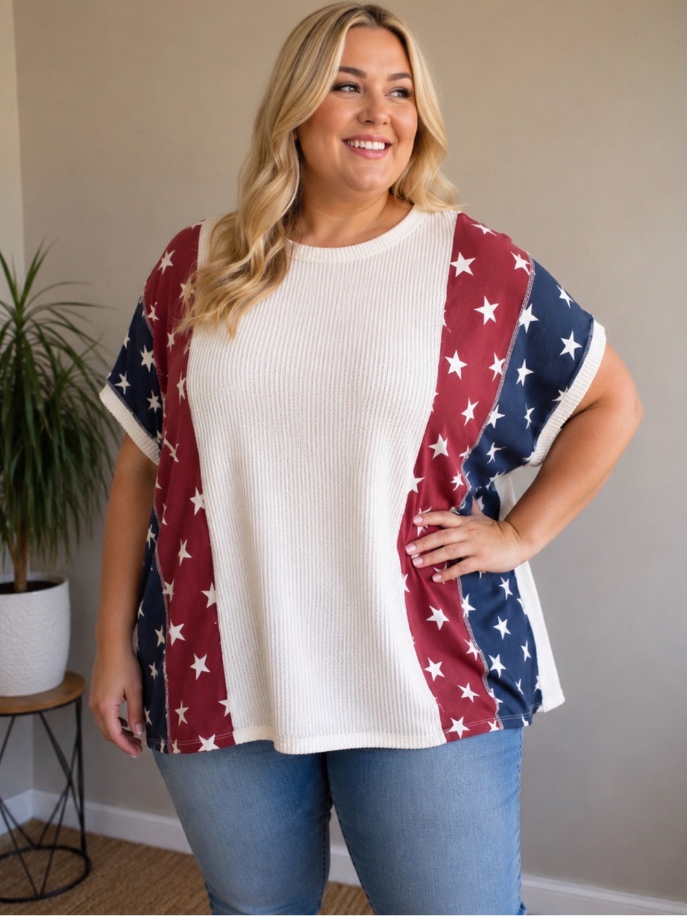 Patriotic American Flag Color Block Waffle Knit Top Plus Size 2X NWT